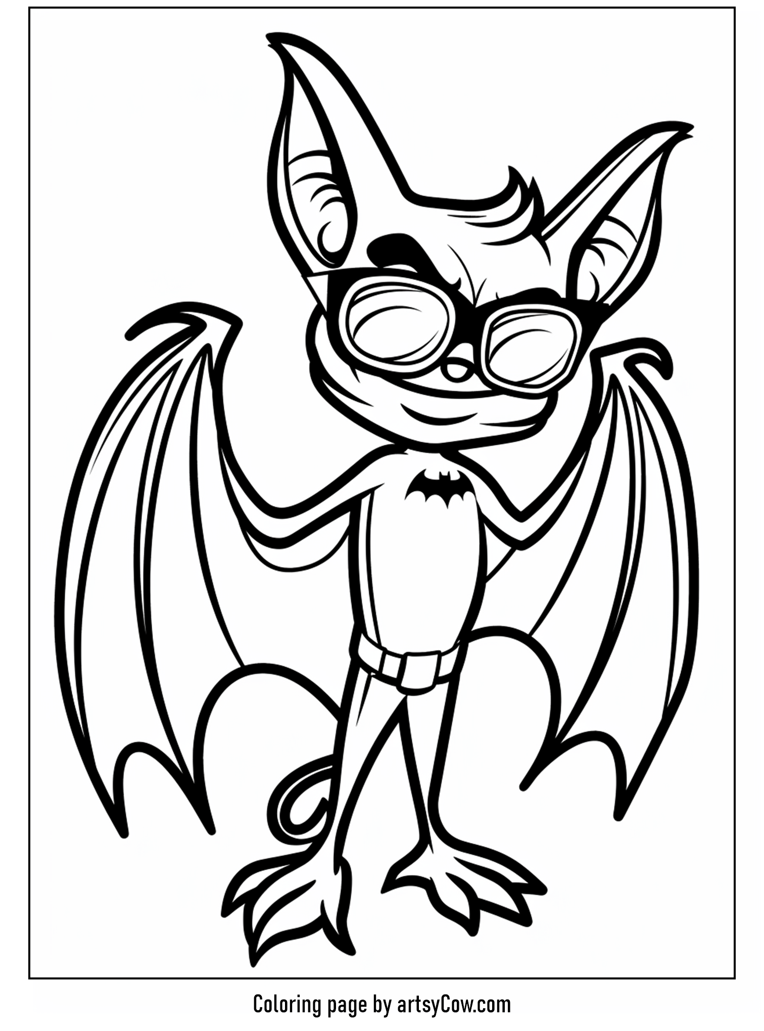 free halloween coloring pages for kids and adults, depicting an amiable bat donning sunglasses, striking a pose.